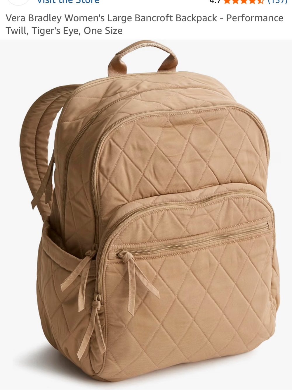 Vera Bradley Large Bancroft Backpack - Performance Twill, Tiger’s Eye Tan color
